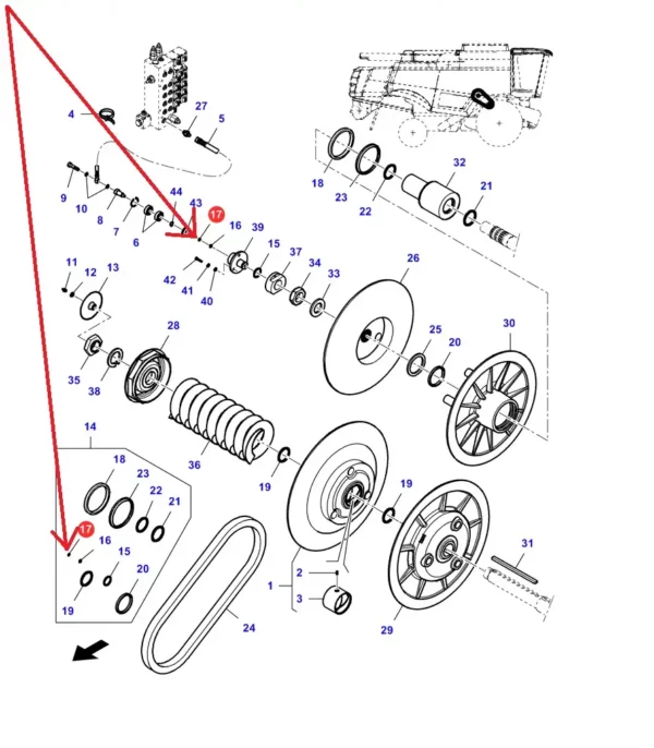 Oryginalny pierścień uszczelniający cylinder wariatora o numerze katalogowym LA353587148, stosowany w kombajnach zbożowych marki Massey Ferguson, Fendt, Challenger schemat.