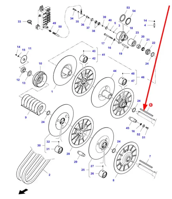 Oryginalny wpust zabezpieczający cylinder wariatora o numerze katalogowym LA353847245, stosowany w kombajnach zbożowych marek Massey Ferguson, Challenger, Fendt, Laverda schemat.