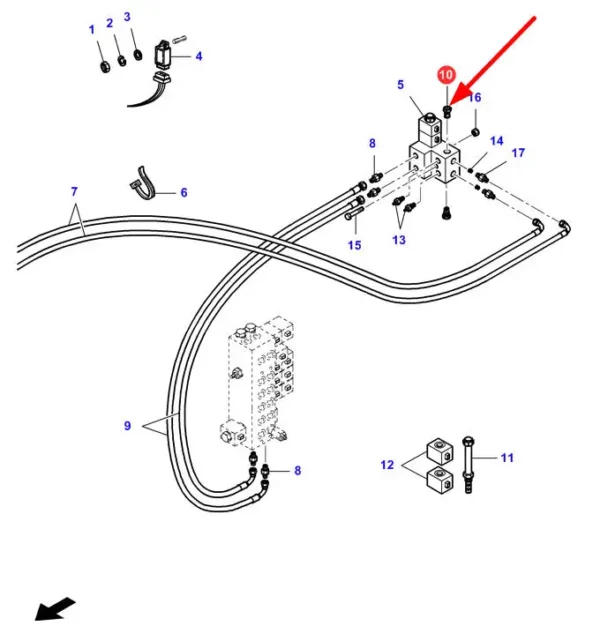 Oryginalny zawór hydrauliczny o numerze katalogowym LA410000185, stosowany w kombajnach zbożowych marek Challenger, Fendt, Laverda oraz Massey Ferguson schemat