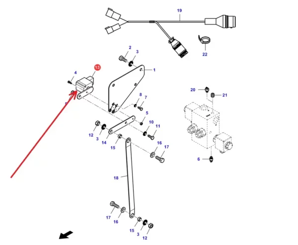 Oryginalny czujnik podnoszenia o numerze katalogowym LA410000354, stosowany w kombajnach zbozowych marek Massey Ferguson, Laverda, Fendt i Challenger. schemat