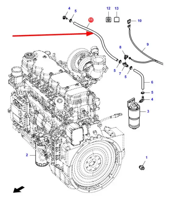 Oryginalny przewód paliwowy o długości 220 mm stosowany w kombajnach zbożowych marki Massey Ferguson, Fendt, Laverda schemat.