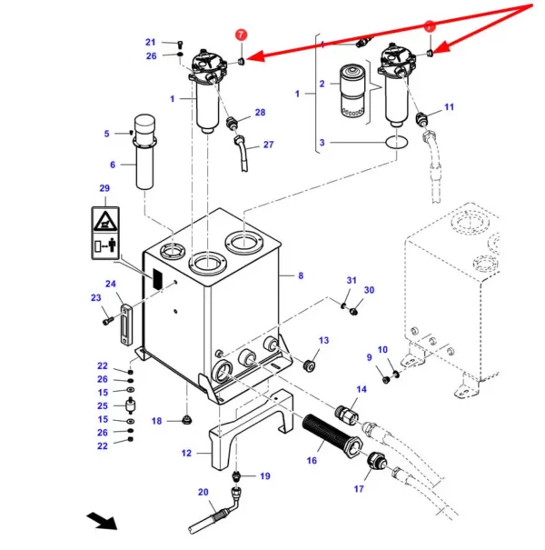 Oryginalny korek obudowy filtra oleju hydraulicznego o numerze katalogowym LA430218550, stosowany w kombajnach zbożowych marki Massey Ferguson, Fendt, Challenger, Laverda schemat.