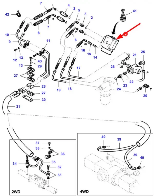 Oryginalny orbitrol hydraulicznego układu sterowania o numerze katalogowym V32721800, stosowany w ciągnikach rolniczych marki Massey Ferguson schemat.