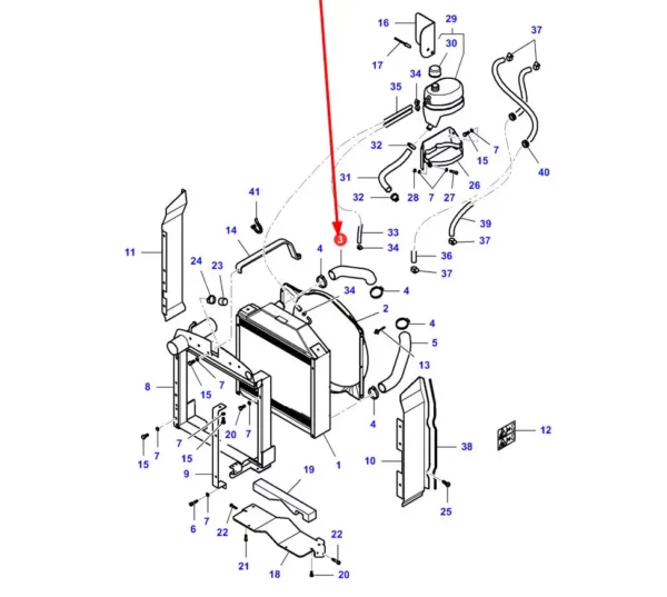 Oryginalny przewód gumowy układu chłodzenia o numerze katalogowym V33065110, stosowany w ciągnikach rolniczych marek Massey Ferguson i Valtra.-schemat