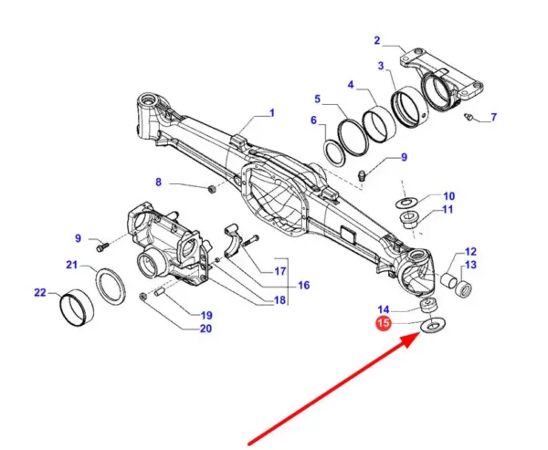 Oryginalna podkładka okrągła przedniej osi,stosowana w ciągnikach rolniczych Challenger, Valtra i Massey Ferguson schemat.