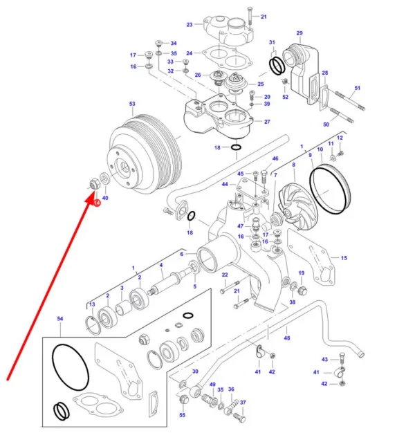 Oryginalna nakrętka mocująca koła pasowego pompy wody o wymiarze M16 i numerze katalogowym V527601600, stosowana w ciągnikach rolniczych marki Massey Ferguson, Challenger, Valtra schemat.