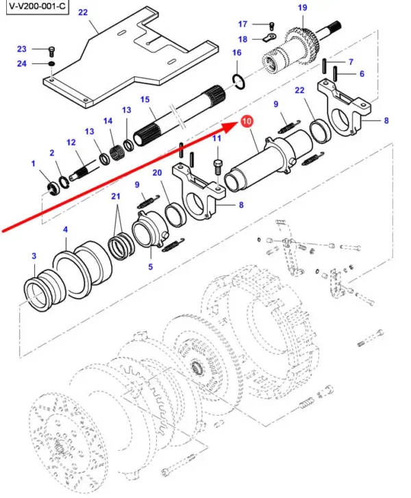 Oryginalna prowadnica sprzęgła o numerze katalogowym V605910, stosowana w ciągnikach rolniczych marek Massey Ferguson, Valtra, Challenger schemat.