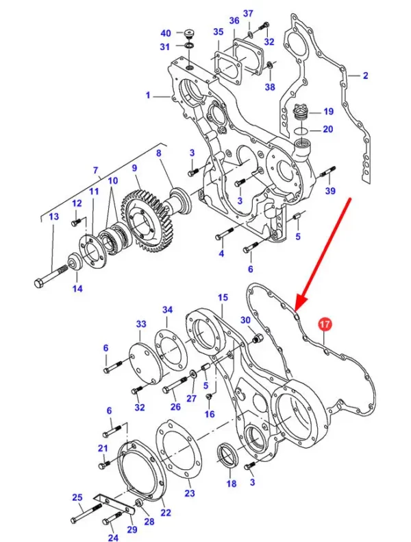 Oryginalna uszczelka rozrządu silnika o numerze katalogowym V836117329, stosowana w maszynach rolniczych marek Challenger, Fendt, Valtra oraz Massey Ferguson schemat.