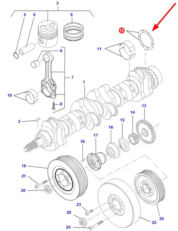 Oryginalna podkładka oporowa o wymiarach 0,1 mm, stoswana w wale korbowym, w pojazdach rolniczych marki: Chellenger, Fendt, Massey Ferguson oraz Valtra schemat.