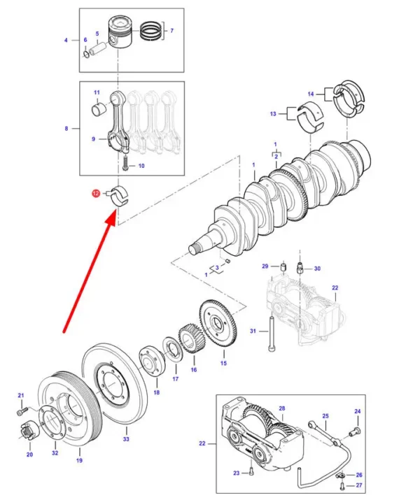 Oryginalna panewka korbowodowa o numerze katalogowym V836179781, stosowana w ciągnikach rolniczych marki Massey Ferguson schemat.