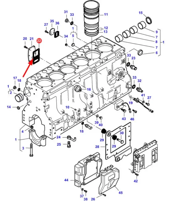 Oryginalna uszczelka bloku silnika o numerze katalogowym V836322852, stosowana w maszynach rolniczych marek Challenger, Fendt, Laverda, Valtra oraz Massey Ferguson schemat.