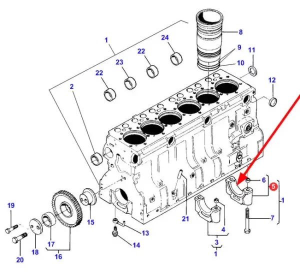 Oryginalna obudowa łożyska wału korbowego o numerze katalogowym V836324756, stosowana w kombajnach i ciągnikach marek Valtra oraz Massey Ferguson schemat.