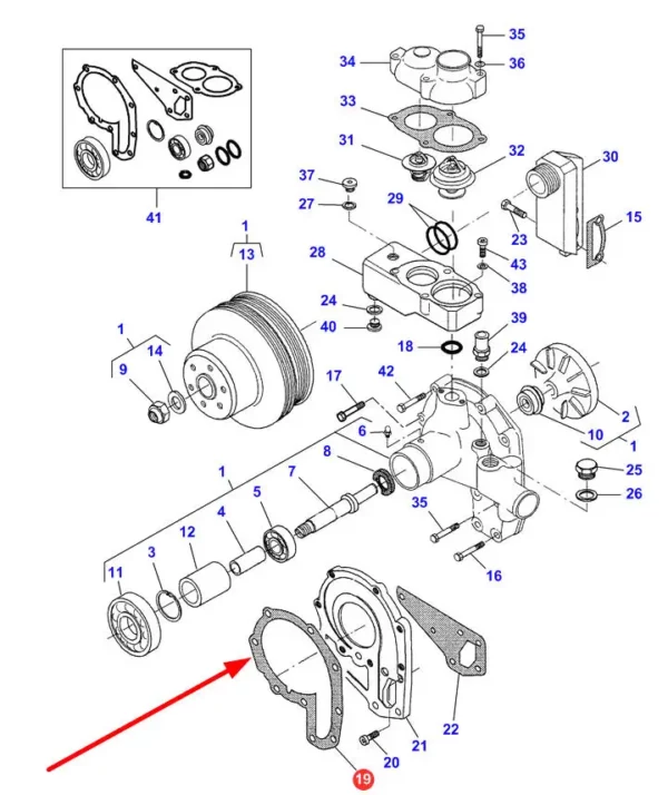 Oryginalna uszczelka pompy wody o numerze katalogowym V836338525, stosowana w ciągnikach rolniczych marek Challenger oraz Massey Ferguson schemat.