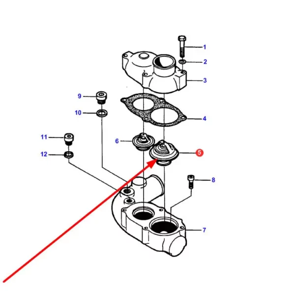Oryginalny termostat o numerze katalogowym V836352903, stosowany w ciągnikach rolniczych, kombajnach zbożowych marki Massey Ferguson schemat.