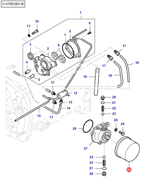 Oryginalny filtr oleju hydrauliki o numerze katalogowym V836579590, stosowany w ciągnikach rolniczych marki Massey Ferguson i Valtra schemat