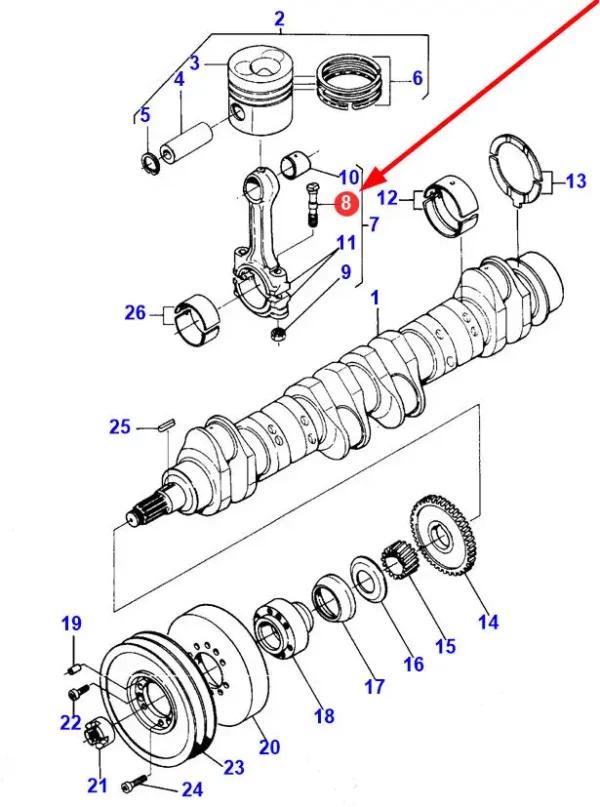 Oryginalna śruba korbowodu silnika o numerze katalogowym V836646204, stosowana w ciągnikach rolniczych i kombajnach zbożowych marek Massey Ferguson i Valtra. schemat