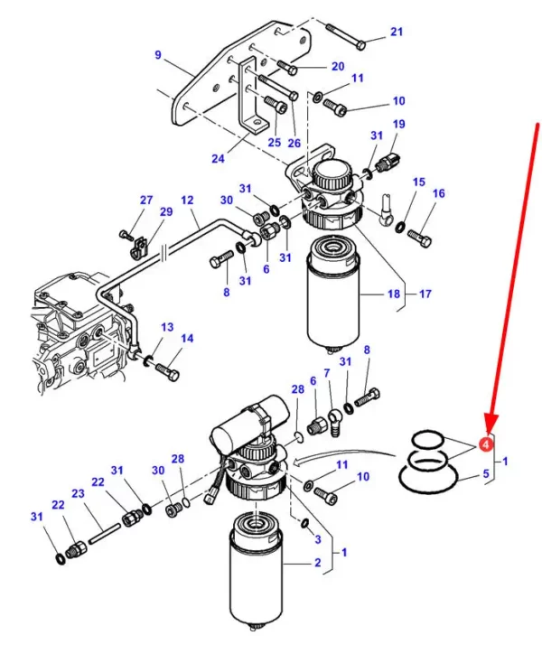 Oryginalne uszczelki filtra paliwa o numerze katalogowym V836662638, stosowane w ciągnikach rolniczych marek Massey Ferguson, Challenger schemat.