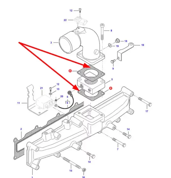 Oryginalna uszczelka kolektora dolotowego o numerze katalogowym V836666074, stosowana w ciągnikach rolniczych marki Massey Ferguson schemat.