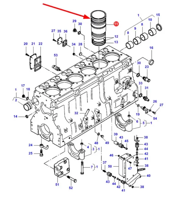 Oryginalna tuleja cylindra o wymiarach 108 x 123 x 218 i numerze katalogowym V836666990, stosowana w ciągnikach rolniczych marek Challenger, Fendt, Laverda oraz Massey Ferguson schemat.