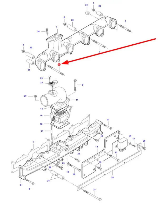 Oryginalna szpilka kolektora wydechowego o wymiarach M10 x 150 i numerze katalogowym V836667960, stosowana w ciągnikach rolniczych, kombajnach zbożowych marek Massey Ferguson, Challenger, Fendt, Laverda, Valtra schemat.