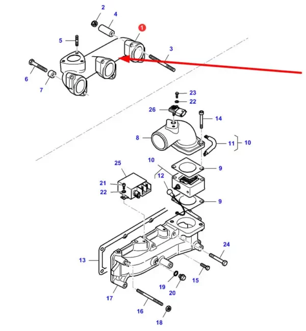 Oryginalny kolektor wydechowy o numerze katalogowym V836667989, stosowany w ciągnikach rolniczych marki Massey Ferguson schemat.