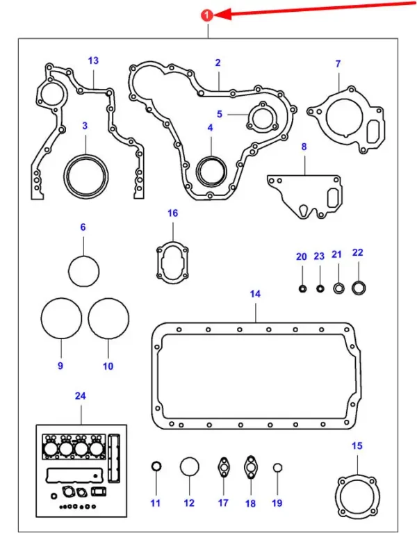 Oryginalny zestaw uszczelek silnika o numerze katalogowym V836740333, stosowany w ciągnikach rolniczych, kombajnach zbożowych marek Massey Ferguson, Valtra schemat.