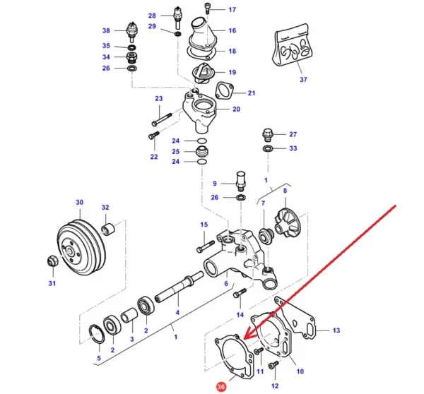 Oryginalna uszczelka pompy wody o numerze katalogowym V836764046, stosowana w ciągnikach rolniczych marek Massey Ferguson, Fendt i Valtra. schemat