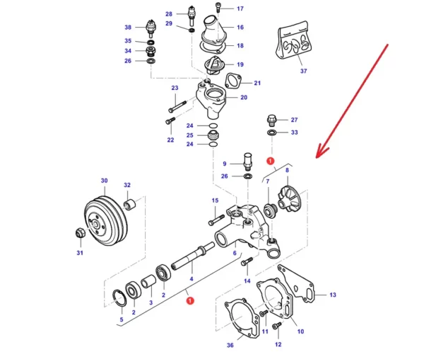 Oryginalna pompa wody o numerze katalogowym V836764206, stosowana w ciągnikach rolniczych marek Massey Ferguson i Challenger. schemat