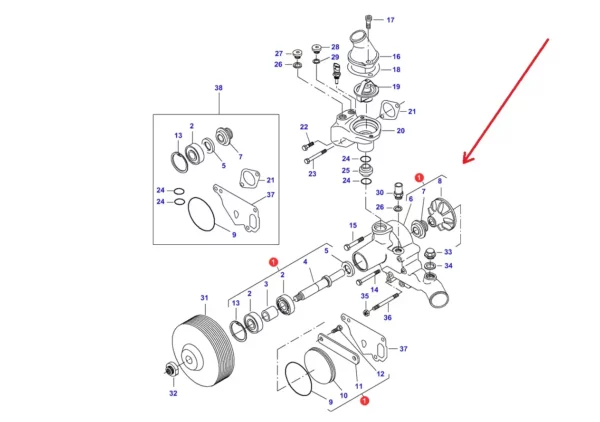 Oryginalna pompa wody o numerze katalogowym V836766976, stosowany w ciągnikach marek Massey Ferguson i Valtra. schemat