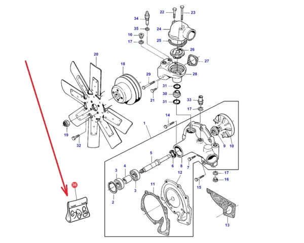Oryginalny zestaw naprawczy pompy wody o numerze katalogowym V836840101, stosowany w kombajnach zbożowych marek Massey Ferguson, Fendt i Challenger. schemat