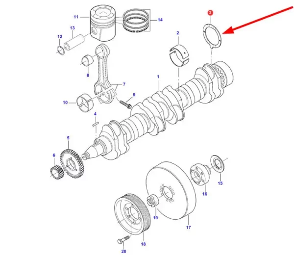 Oryginalna podkładka oporowa wału korbowego, +0,10 mm wymiaru nominalnego o numerze katalogowym V836840982, stosowany w maszynach rolniczych marek Challenger, Fendt, Laverda, Massey Ferguson i Valtra schemat