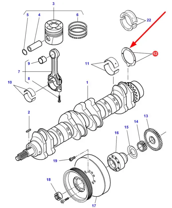 Oryginalna podkładka oporowa wału korbowego, + 0,20 mm wymiaru nominalnego o numerze katalogowym V836840983, stosowany w maszynach rolniczych marek Challenger, Fendt, Laverda, Massey Ferguson i Valtra schemat