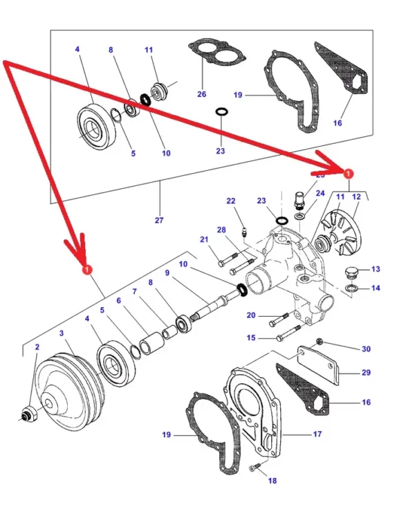 Oryginalna pompa wody o numerze katalogowym V836859590, stosowana w ciągnikach rolniczych marki Massey Ferguson schemat.