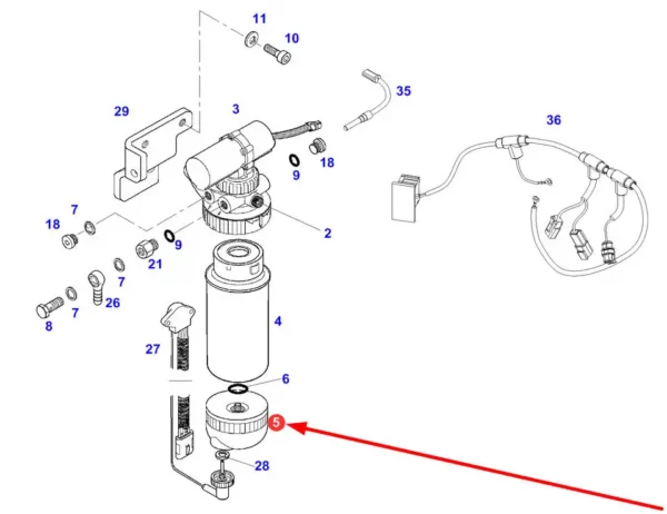 Oryginalny separator wody filtra paliwa o numerze katalogowym V836862051, stosowany w ciągnikach rolniczych, kombajnach zbożowych, opryskiwaczach samojezdnych marek Massey Ferguson, Valtra, Challenger, Fendt schemat.