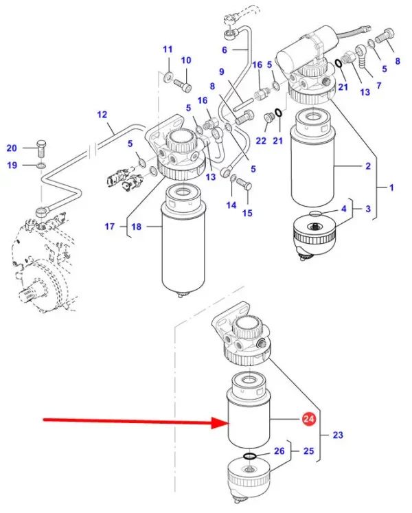 Oryginalny filtr paliwa z separatorem wody o numerze katalogowym V836862600 stosowany w maszynach rolniczych marek Massey Ferguson, Fendt, Challenger i Valtra schemat.