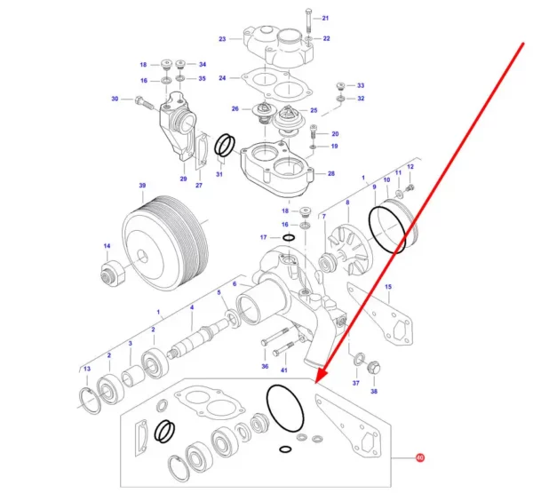 Oryginalny zestaw naprawczy pompy wody o numerze katalogowym V836862613, stosowany w ciągnikach rolniczych marki Massey Ferguson, Challenger schemat.