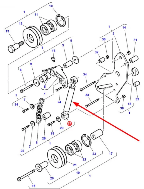 Oryginalny siłownik gazowy Stabilus 947687, stosowany w napinaczu, w ciągnikach rolniczych marki Chellenger oraz Massey Ferguson schemat.