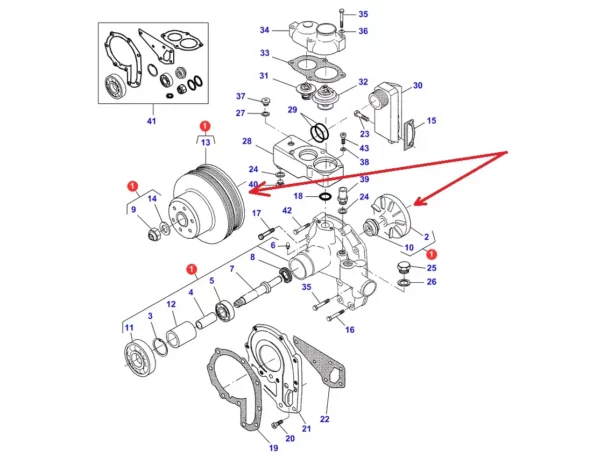 Oryginalna pompa wody silnika o numerze katalogowym V836867227, stosowana w ciągnikach rolniczych Massey Ferguson i Challenger schemat