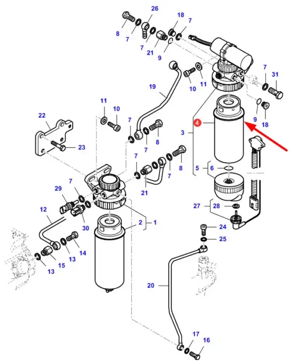 Oryginalny filtr wstępny paliwa z separatorem wody o numerze katalogowym V836867591, stosowany w maszynach rolniczych marek Massey Ferguson, Fendt, Challenger oraz Valtra schemat.