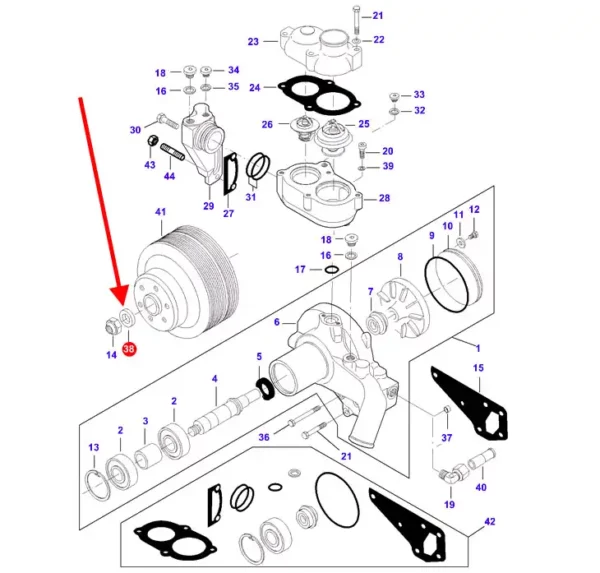 Oryginalna podkładka uszczelniająca pompy wody, stosowana w maszynach rolniczych marek Massey Ferguson, Challenger oraz Valtra. schemat