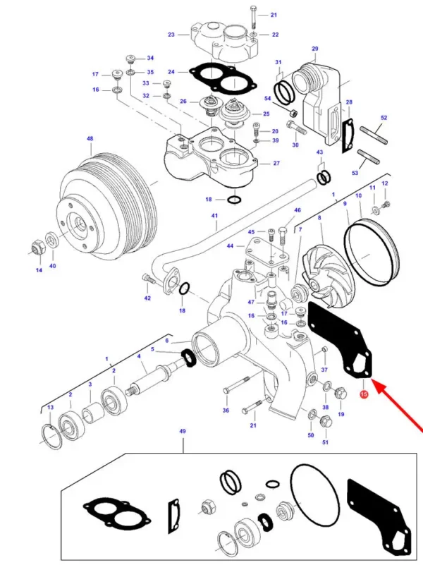 Oryginalna uszczelka pompy wodnej o numerze katalogowym V836867770, stosowana w ciągnikach rolniczych marek Massey Ferguson, Challenger i Valtra schemat.