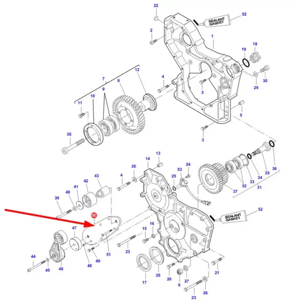 Oryginalna pokrywa obudowy rozrządu o numerze katalogowym V836873549, stosowana w ciągnikach rolniczych marek Challenger, Valtra oraz Massey Ferguson schemat.