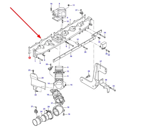 Oryginalna uszczelka kolektora ssącego o numerze katalogowym V837069009, stosowany w kombajnach zbożowych i ciągnikach rolniczych marek Massey Ferguson i Fendt. schemat