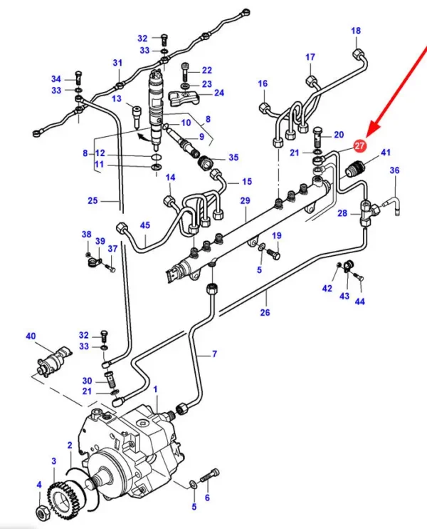 Oryginalny przewód paliwowy metalowy o numerze katalogowym V837070255, stosowany w ciągnikach rolniczych i kombajnach zbożowych  marek Massey Ferguson, Fendt, Challenger, Valtra oraz Laverda. schemat