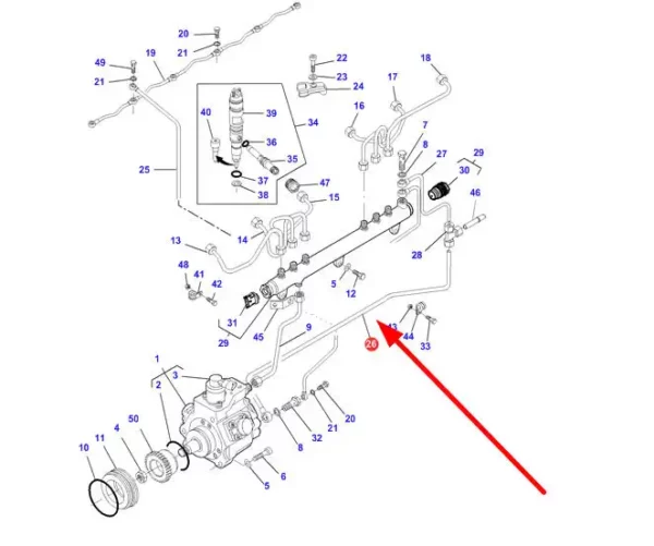 Oryginalny przewód paliwa o numerze katalogowym V837070256, stosowany w ciągnikach rolniczych marki Massey Ferguson schemat