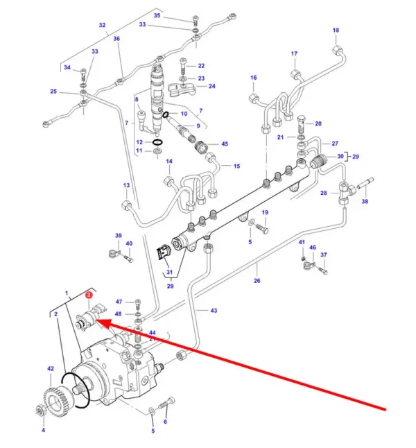 Oryginalny zawór pompy paliwa o numerze katalogowym V837071191, stosowany w ciągnikach rolniczych, kombajnach zbożowych marek Massey Ferguson, Fendt, Valtra, Challenger schemat.