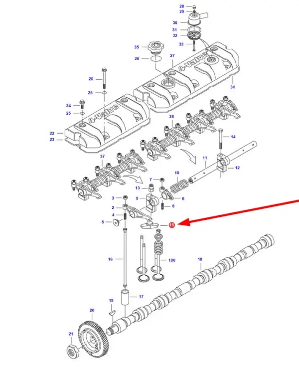 Oryginalny mostek prowadnic zaworowych o numerze katalogowym V837073089, stosowany w kombajnach zbożowych i ciągnikach rolniczych marek Massey Ferguson, Fendt, Laverda, Challenger i Valtra. schemat