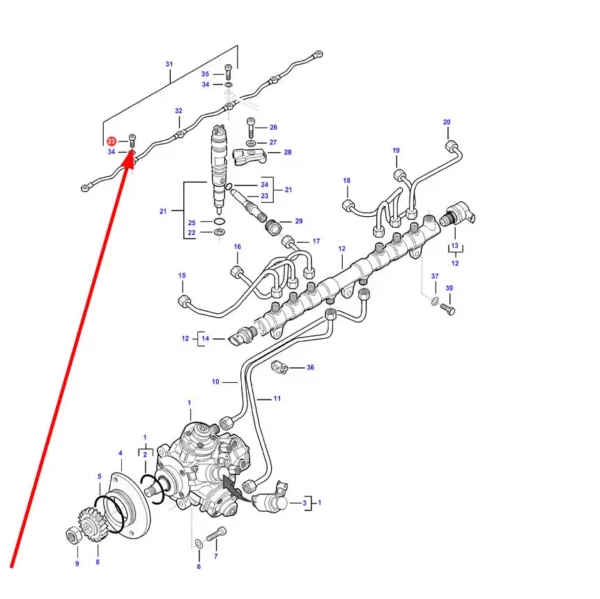 Oryginalna śruba przelewowa torx przewodów przelewowych układu paliwowego o numerze katalogowym V837073117, stosowana w ciągnikach rolniczych marki Massey Ferguson, Fendt, Valtra, Challenger schemat.