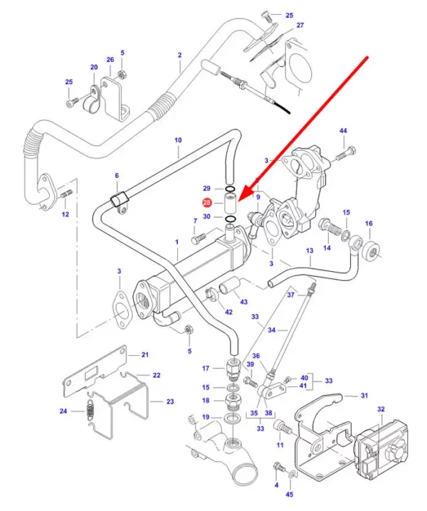 Oryginalne złącze zaworu EGR o wymiarach 16.9 x 26 x 34,6, stosowana w ciągnikach marki Massey Ferguson, Fendt i Valtra schemat.