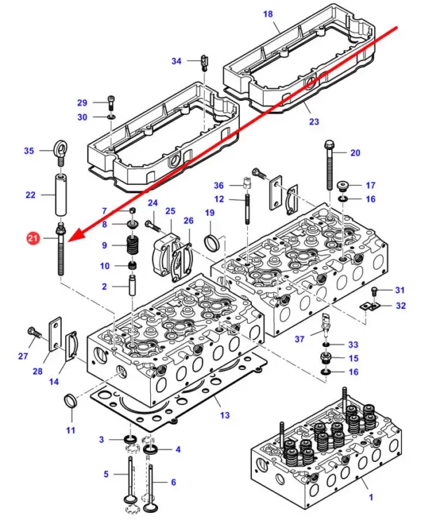 Oryginalna śruba mocowania głowicy cylindra o numerze katalogowym V837073571, stosowana w maszynach marek Massey Ferguson, Challenger, Valtra oraz Fendt schemat.